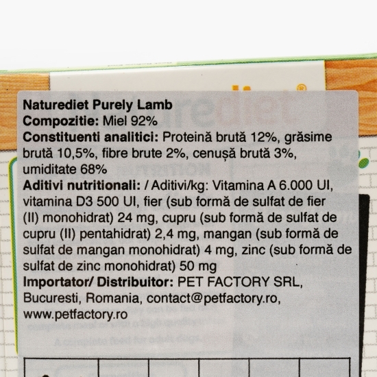 Hrană umedă pentru câini, pate hipoalergenic, 390g, Purely cu miel
