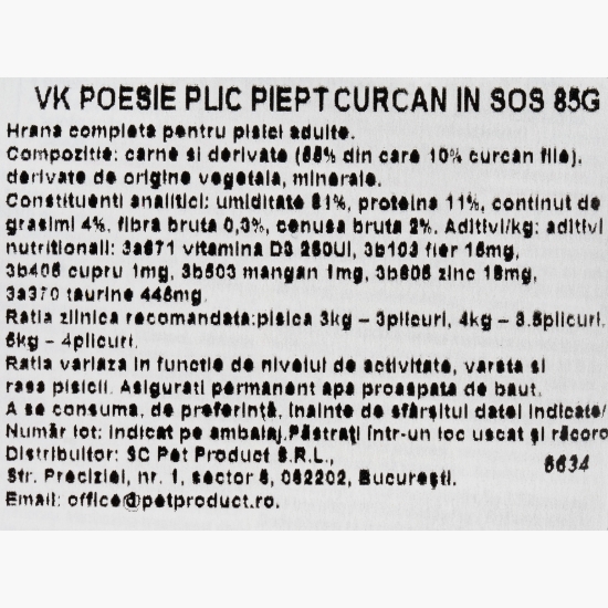 Hrană umedă pentru pisici Poesie, cu piept de curcan în sos, 85g