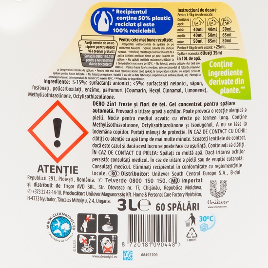 Detergent de rufe lichid 2în1 gel Frezie 60 spălări, 3l