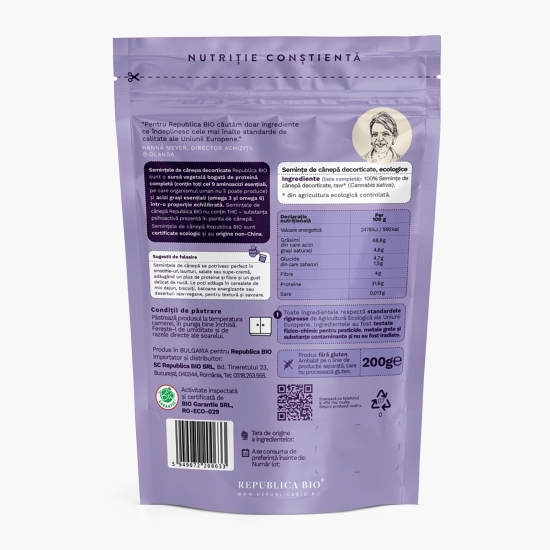 Semințe ecologice de cânepă, decorticate, fără gluten 200g