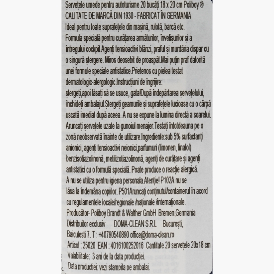 Șervețele umede pentru autoturisme 18 x 20 cm, 20 buc