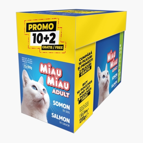 Hrană umedă pentru pisici adulte, 12x100g (10+2), cu somon în sos