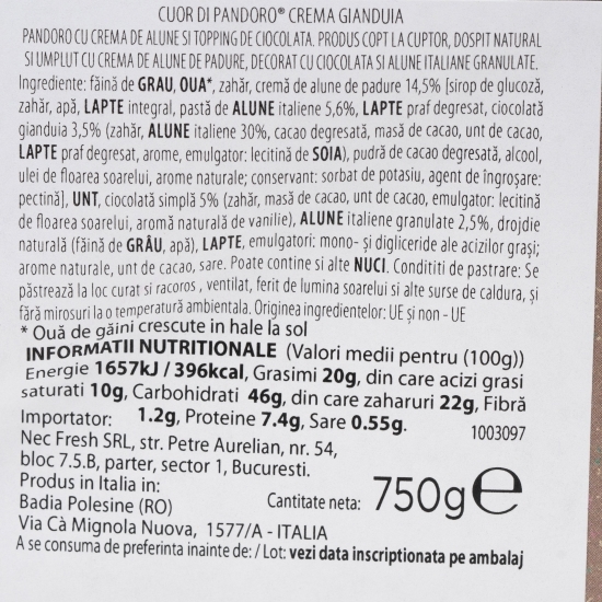 Pandoro cu cremă de alune și topping de ciocolată 750g