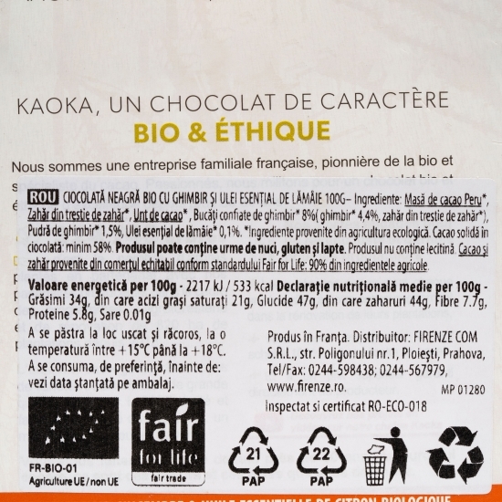 Ciocolată neagră eco cu 58% cacao 100g
