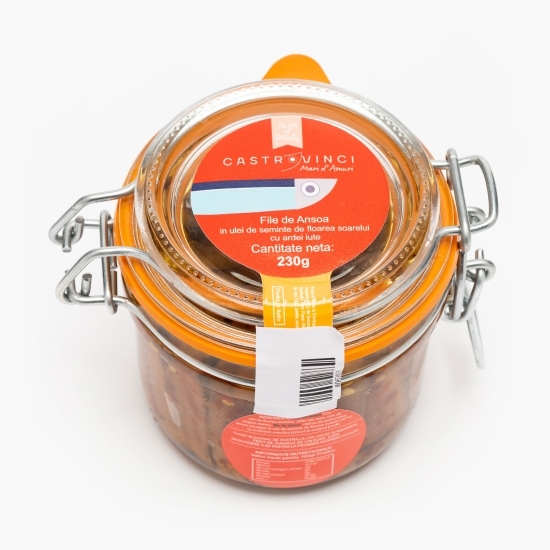 File de anșoa în ulei de semințe de floarea-soarelui cu ardei iute 230g