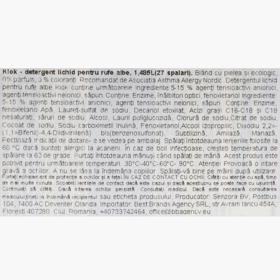 Detergent lichid pentru rufe albe 0% parfum, 0% coloranți, 27 spălări, 1.485l