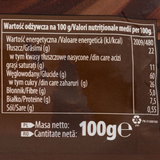 Biscuiți cu cereale integrale și cremă de lapte și cacao 100g