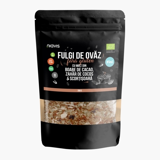 Fulgi de ovăz fini eco, fără gluten cu miez din boabe de cacao, zahăr de cocos și scorțișoară 200g