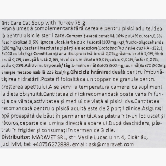 Hrană complementară pentru pisici, supă de curcan, 75g
