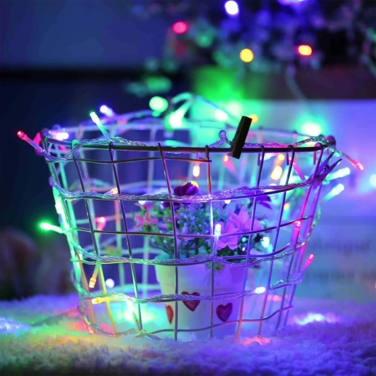 Instalație de Crăciun, liniară, 1m, baterii, 10 LED-uri, multicolor, 2 jocuri de lumini