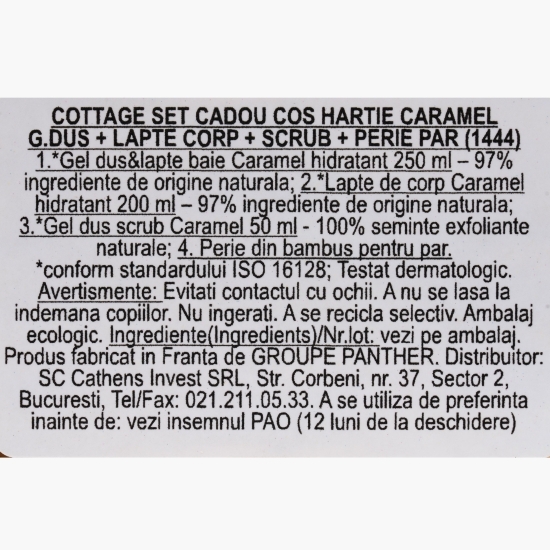 Set cadou Caramel coș: gel de duș 250ml + lapte de corp 200ml + scrub 500ml + perie de păr