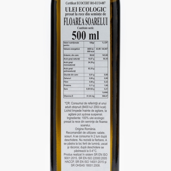 Ulei ecologic extravirgin de floarea-soarelui, presare la rece 0.5l