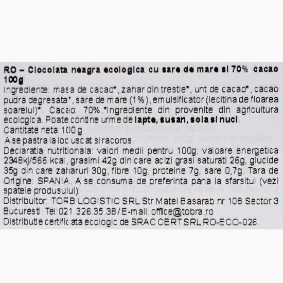 Ciocolată neagră eco cu 70% cacao și sare de mare 100g