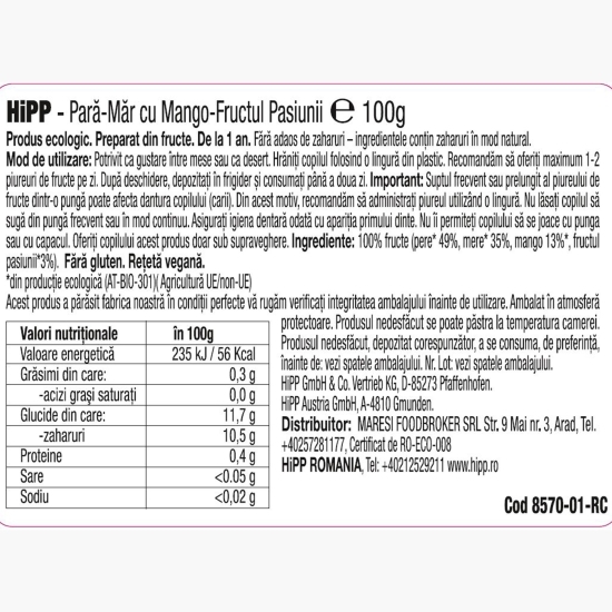 Piure ecologic de pară-măr cu mango-fructul pasiunii, +1 an, 100g