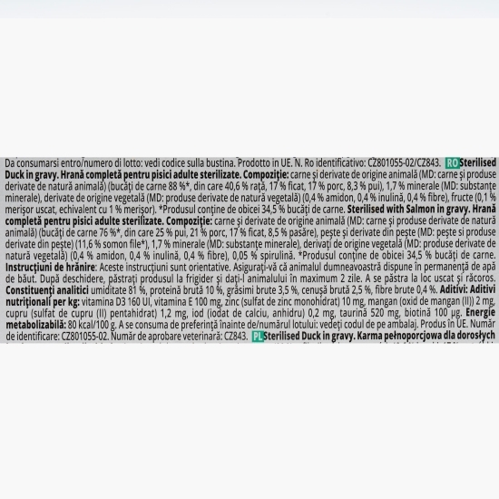 Pachet mix hrană umedă pentru pisici sterilizate, somon/rață, 12x85g