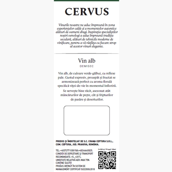 Vin alb demisec Cervus Fetească Albă, 12.5%, bag in box 3l