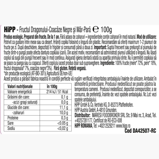 Piure de fructe ecologic fructul dragonului-coacăze negre și măr-pară, +1 an, 100g