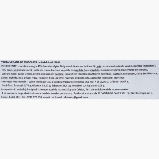 Tartă vegană de ciocolată, fără zahăr adăugat 130g