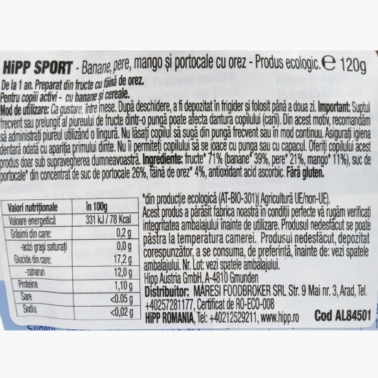 Piure eco cu banane, pere, mango, portocale și orez, Sport 120g