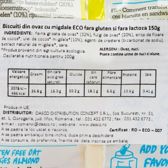Biscuiți eco din ovăz cu migdale fără gluten și fără lactoză 150g
