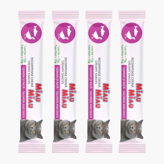Recompense cremoase pentru pisici, cu somon și rață, 4x15g (60g)