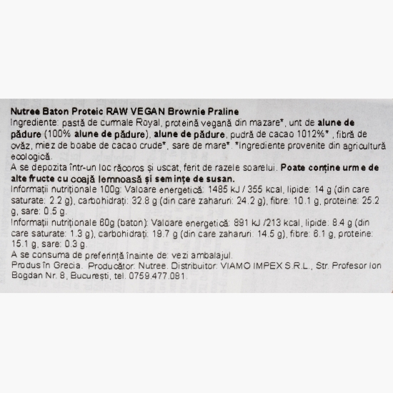  Baton proteic Raw Vegan Brownie Praline fără zahăr adăugat 60g