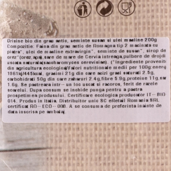 Grisine eco din grâu antic semințe susan și ulei măsline 200g