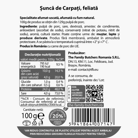 Șuncă de Carpați feliată 100g