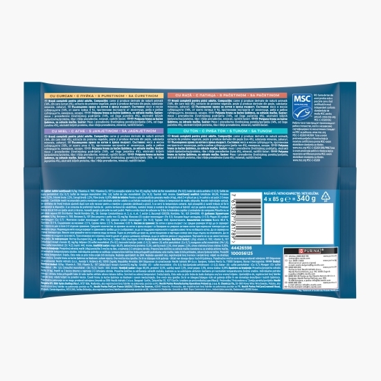 Hrană umedă pentru pisici, 4x85g, Multipack mini fileuri în sos, rață, curcan, miel și ton