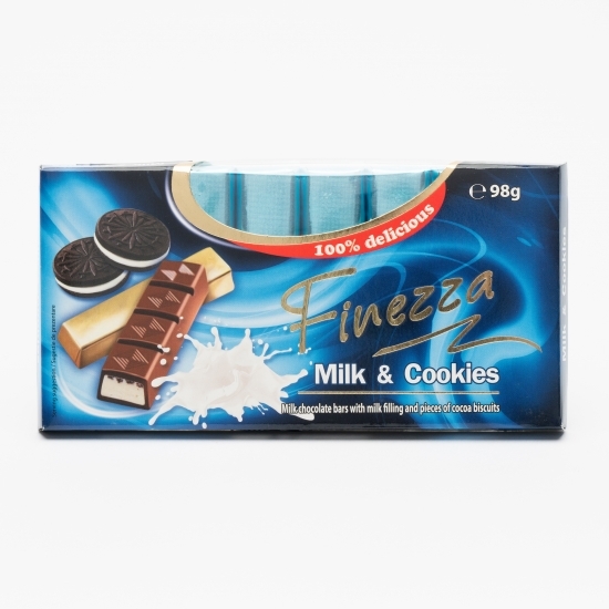 Bare de ciocolată cu umplutură de lapte și bucăți de biscuiți cu cacao 98g