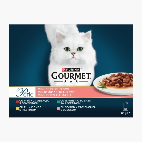 Hrană umedă pentru pisici Gourmet Perle Mini fileuri în sos, plicuri 12x85g, mix de arome (vită, pui, iepure, somon)