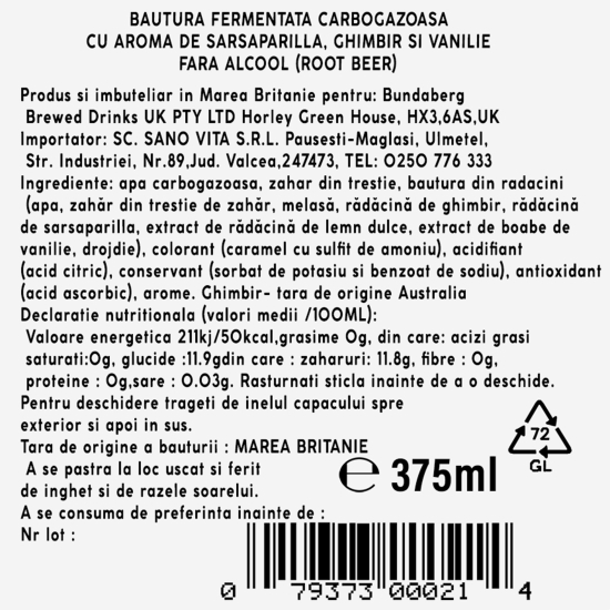 Bere fără alcool cu sarsaparilla, ghimbir și vanilie 0.375l