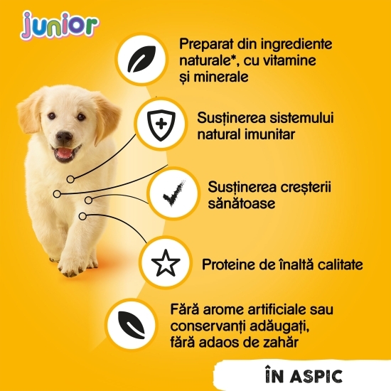 Hrană umedă completă pentru căței juniori, 400g, cu pui în aspic