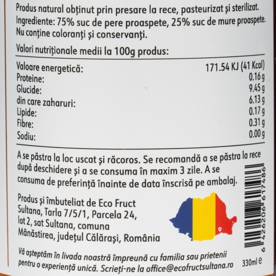 Suc de pere și mure fără zahăr adăugat 0.33l