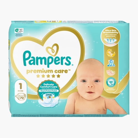 Scutece Premium Care Nou Nascut, mărimea 1, 2-5kg, 72 buc