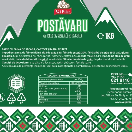 Pâine feliată cu făină de secară și cartofi Postăvaru, 1kg