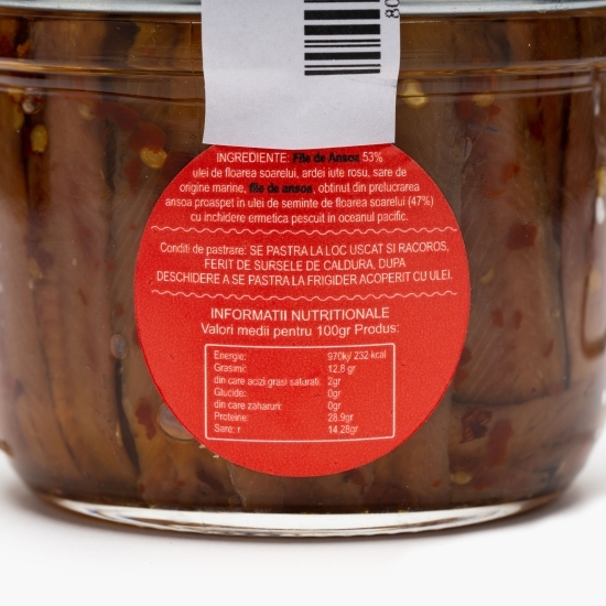 File de anșoa în ulei de semințe de floarea-soarelui cu ardei iute 230g