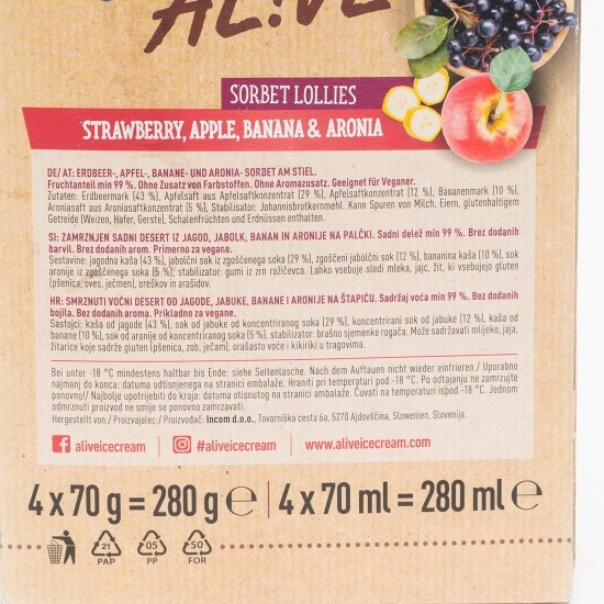 Sorbet pe băț cu aromă de căpșuni, banane, mere și aronia 4x70g