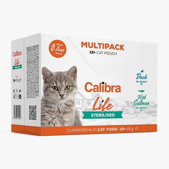 Pachet mix hrană umedă pentru pisici sterilizate, somon/rață, 12x85g