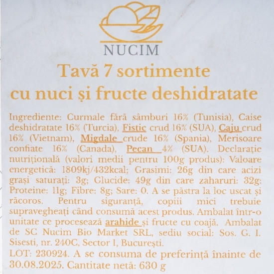 Tavă 7 sortimente: caju, migdale, fistic, pecan, curmale, caise, merișoare confiate
