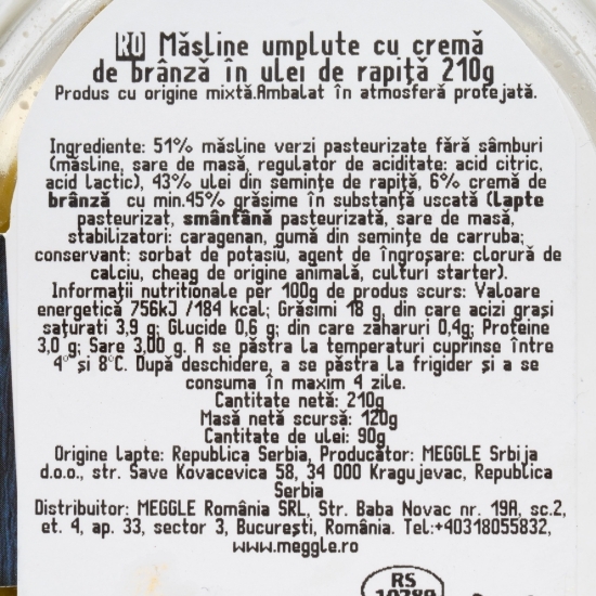 Măsline verzi umplute cu cremă de brânză 210g