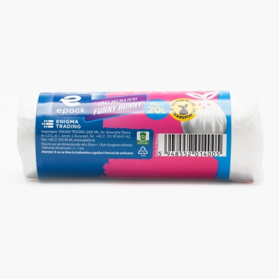 Saci menajeri HDPE alb Funny bunny 20l 30 buc