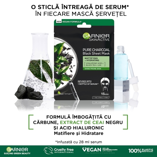Mască șervețel neagră îmbogățită cu cărbune și extract de ceai negru 28g