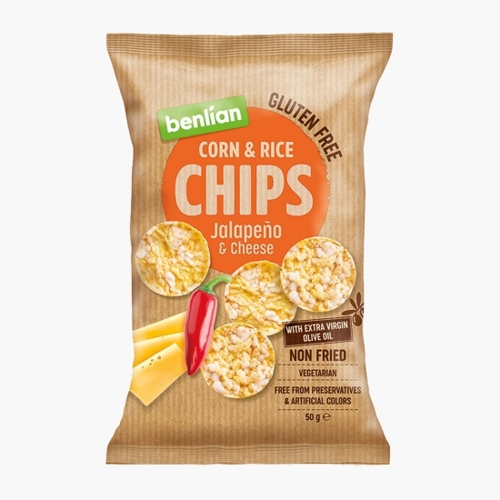 Chipsuri din porumb și orez cu aromă de ardei iute și brânză, fără gluten 50g