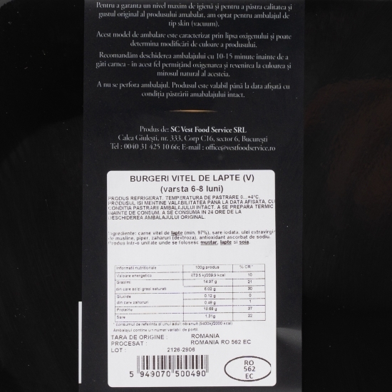 Burgeri din carne vițel de lapte 0.28kg