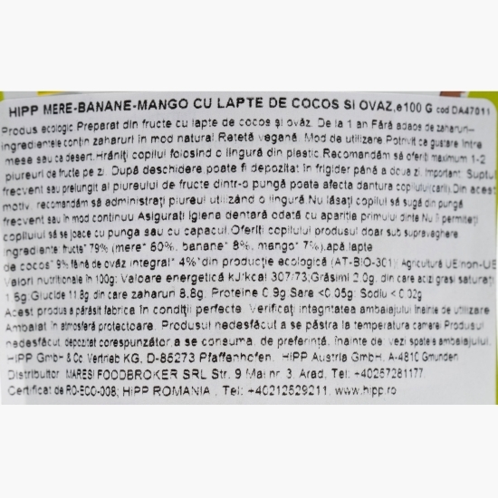 Piure eco din fructe cu mere, banane, mango și lapte de cocos, cu ovăz, fără zahăr adăugat, 100g