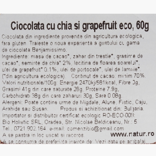 Ciocolată vegană cu chia și grepfrut eco 70% cacao, 60g