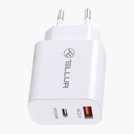 Încărcător cu două porturi, PD 20W + QC3.0 18W, alb