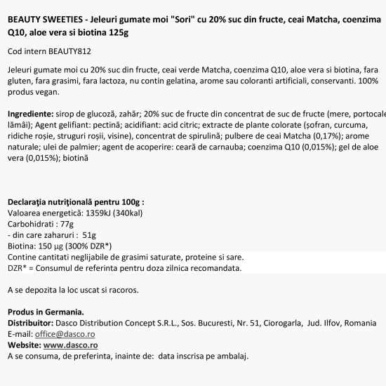 Jeleuri gumate cu aromă de fructe, ceai Matcha, coenzima Q10, aloe vera și biotină 125g