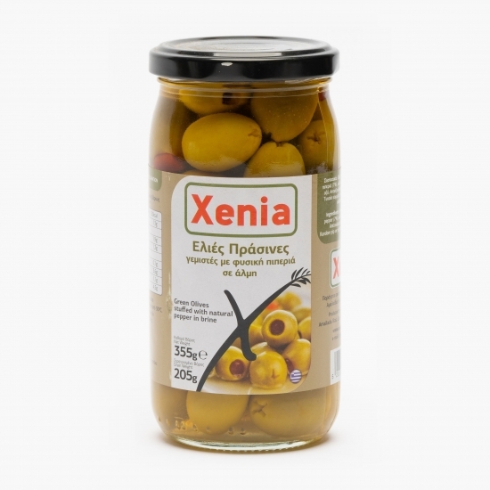 Măsline verzi umplute cu ardei în saramură 355g
